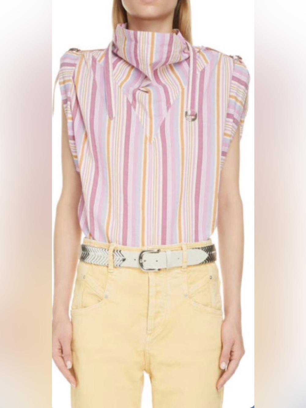 Isabel Marant Striped Pink, Yellow & White Cotton Puff-Sleeve Blouse